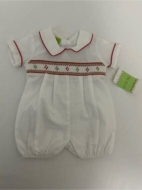 White Baby Smocked Romper with Red Trim Le’ Za Me 6M